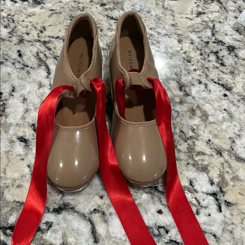 Stylish Kids Tan Ballet Shoes with Red Ribbon